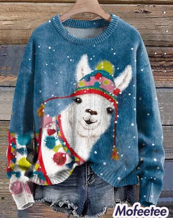 Alpaca Llama Christmas Snowing Print Knit Pullover Sweater