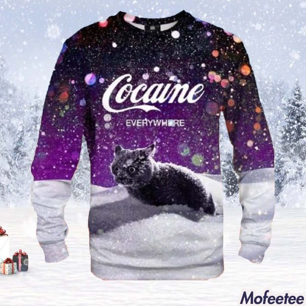 Cocaine Cat Snow Everywhere Ugly Christmas Sweater