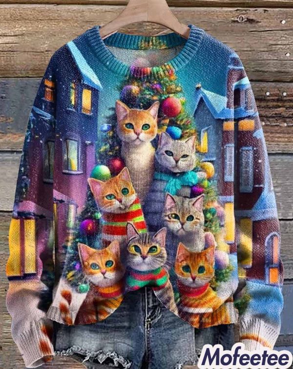 Cute Cat Christmas Tree Print Knit Pullover Sweater