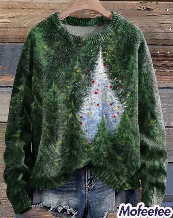 Green Tree White Christmas Tree Print Knit Pullover Sweater
