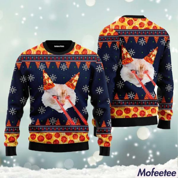 Pizza Cat With Laser Eyes Ugly Christmas Sweater