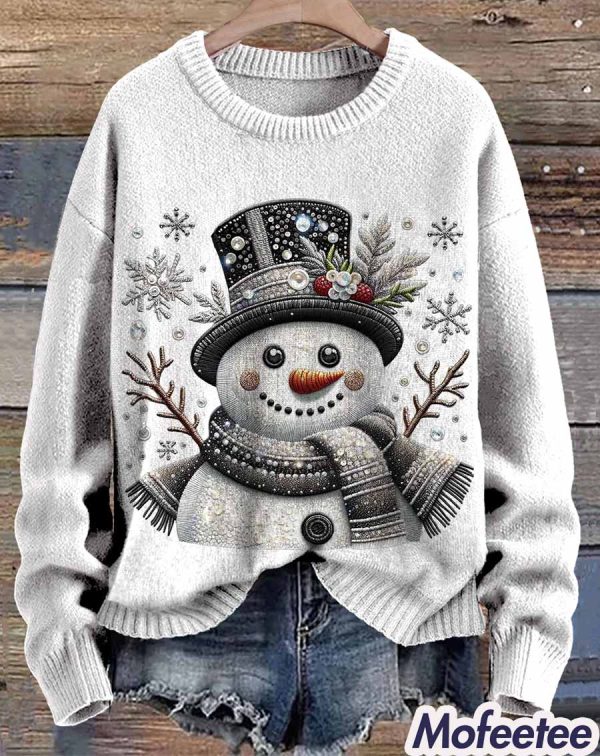 Snowman Shiny Print Knit Pullover Christmas Sweater