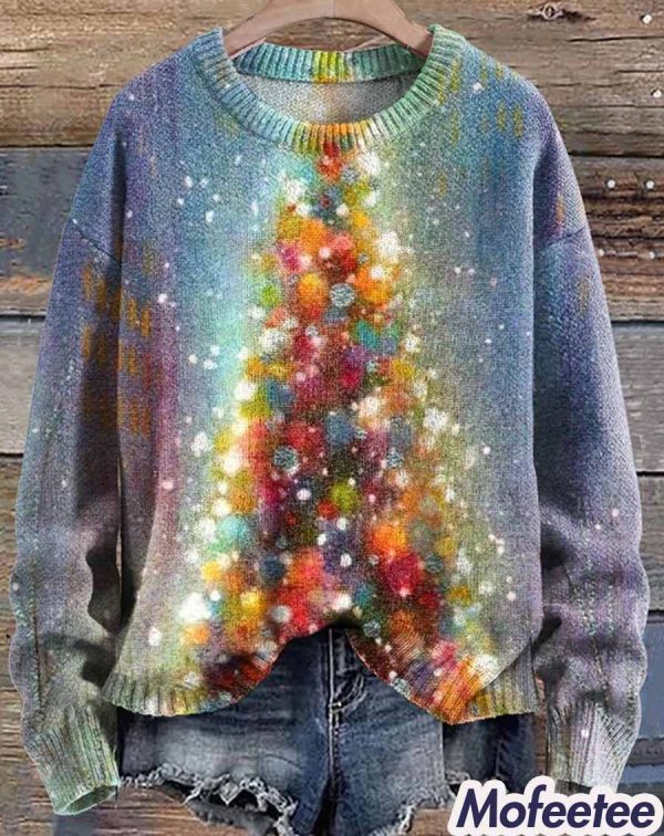 Tree Art Print Knit Christmas Sweater