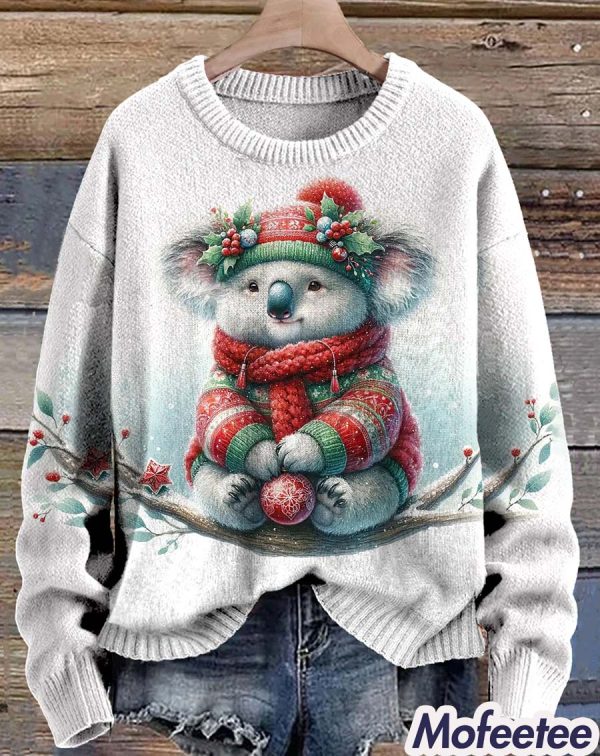 Tree Koala Print Knit Pullover Christmas Sweater