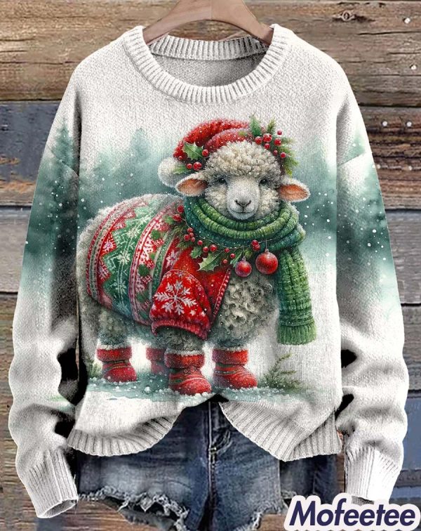 Tree Sheep Print Knit Pullover Christmas Sweater