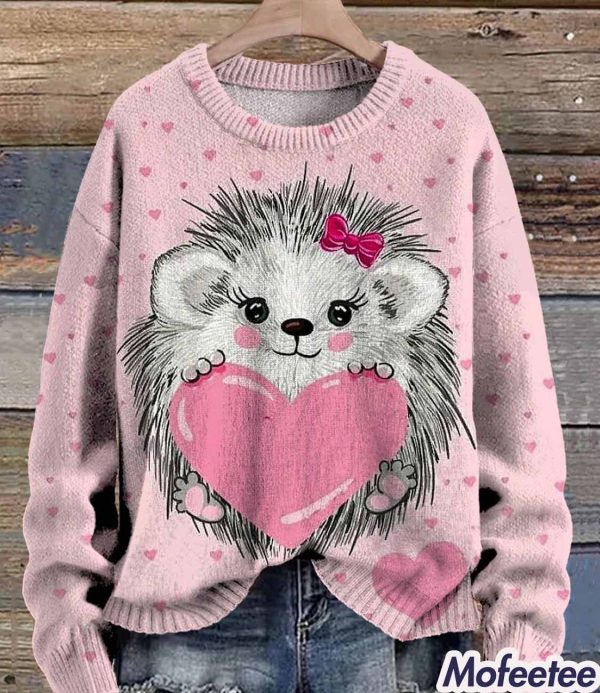 Valentine’s Day Cute Hedgehog Love Heart Print Casual Knit Pullover Sweater