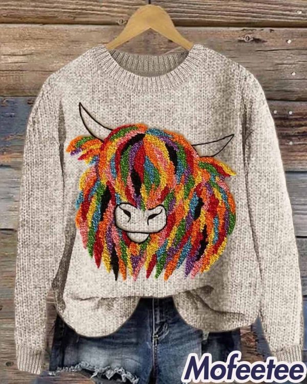 Colorful Highland Cow Embroidery Art Print Long Sleeve Sweatshirt