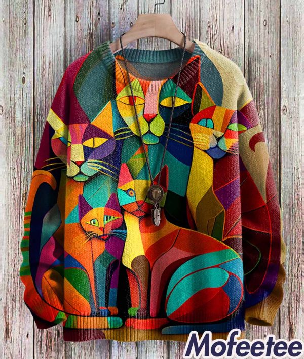 Cute Cat Abstract Art Print Casual Knit Pullover Sweatshirt