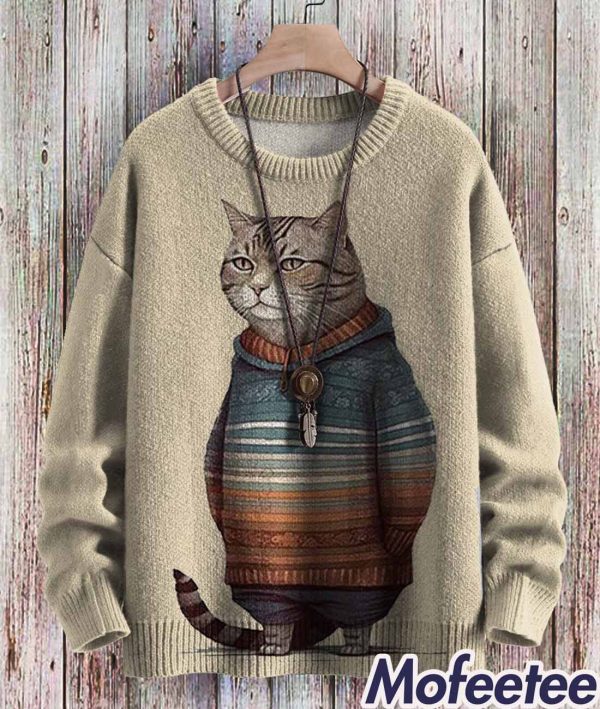 Cute Winter Cat Art Pattern Print Casual Knit Pullover Sweatshirt
