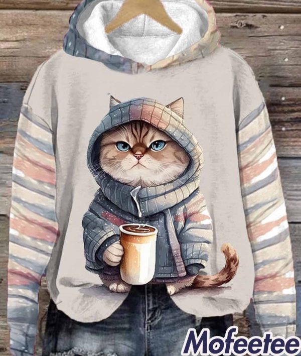 Funny Cute Wonderland Clothing Clipart Cat Coffee Printed Hoodie