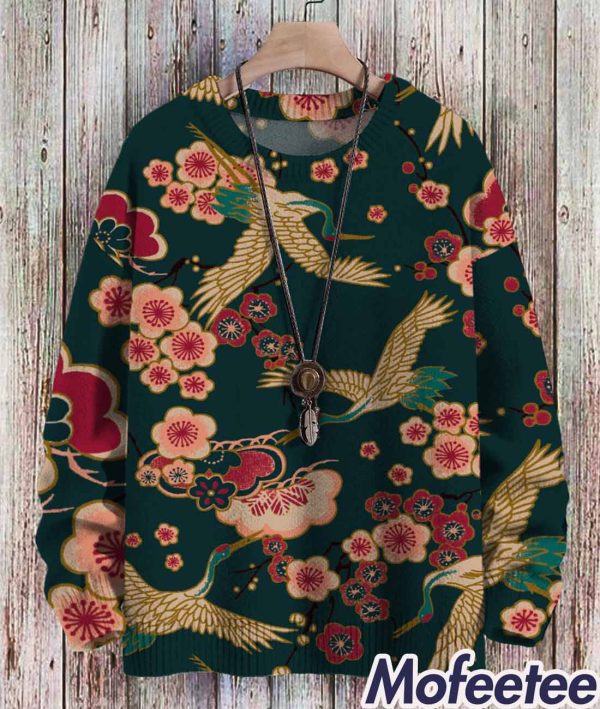 Japanese Style Crane Pattern Pullover Print Casual Sweatshirt