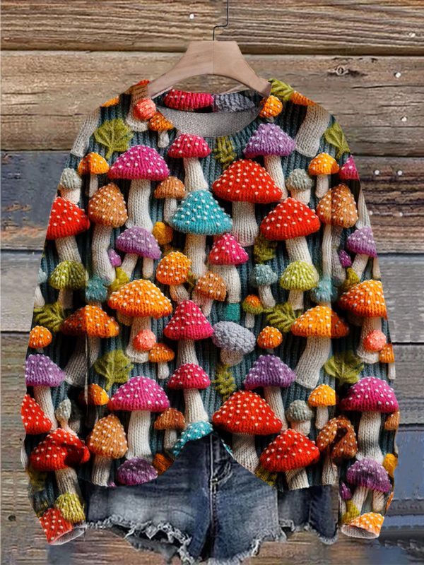 Mushroom Art Print Knit Pullover Sweatshirt