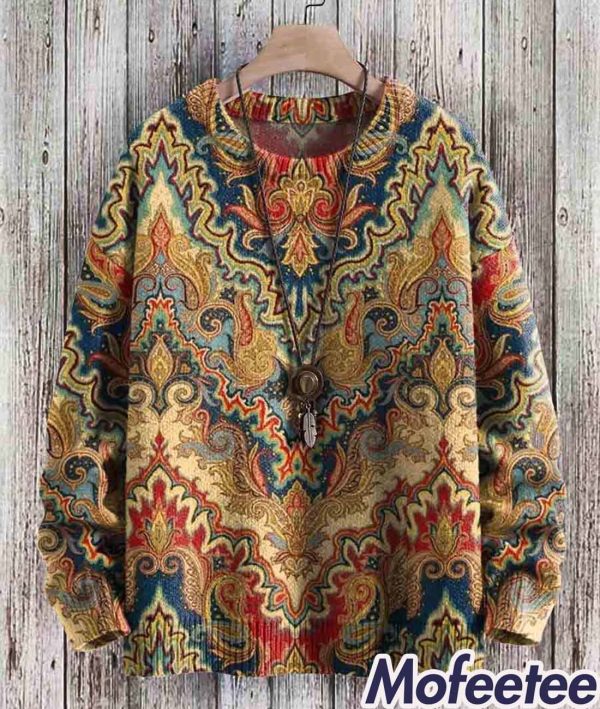 Vintage Art Print Casual Knit Pullover Sweatshirt