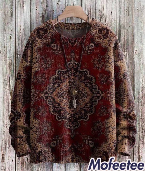 Vintage Ethnic Art Pattern Print Casual Knit Pullover Sweatshirt