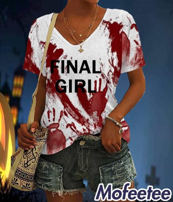 Women’s Bloody Final Girl Halloween Print V-Neck Shirt