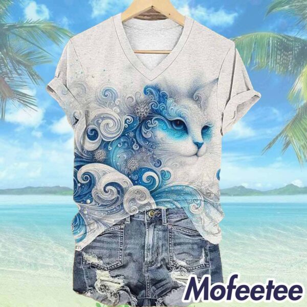 Blue Wave Cat Print V Neck Shirt