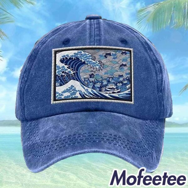 Blue Waves And Cats Art Printed Hat