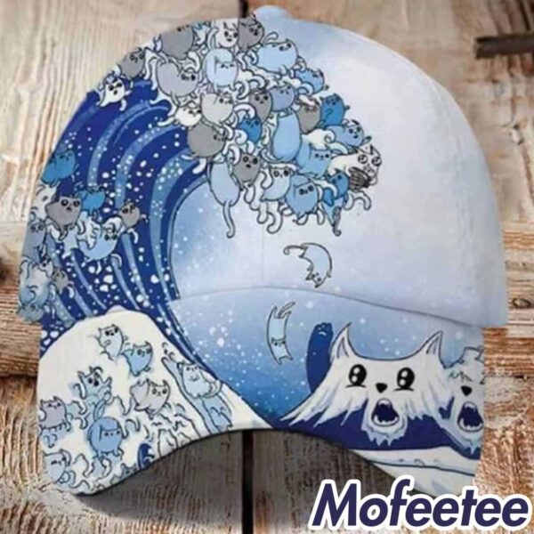 Blue Waves & Cats Printed Casual Unisex Hat