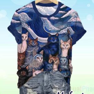 Blue Waves and Cats Print Shirt 1