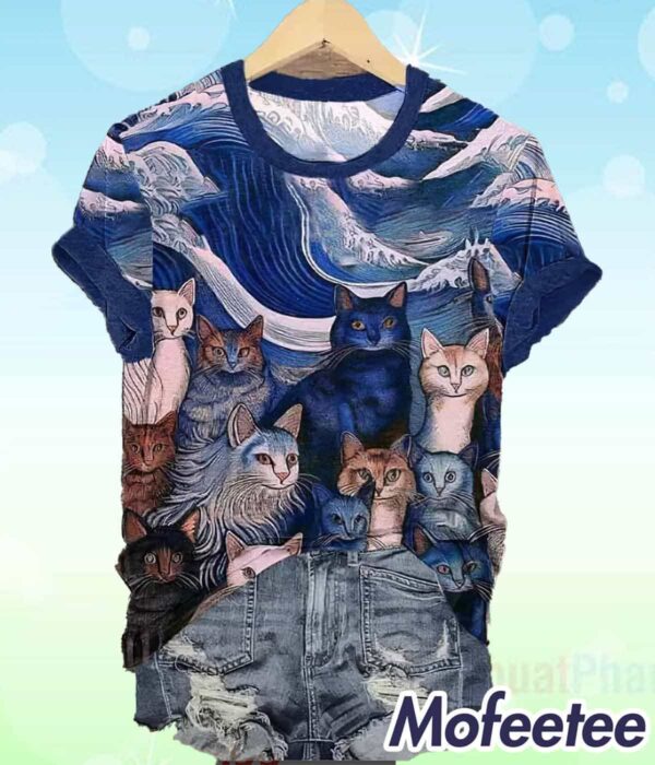 Blue Waves and Cats Print Shirt