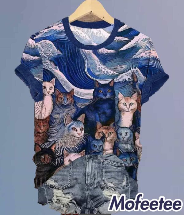 Blue Waves and Cats Print Shirt