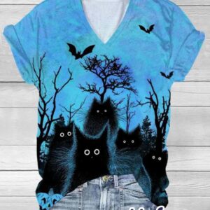 Halloween Black Cat Print V Neck Shirt 1