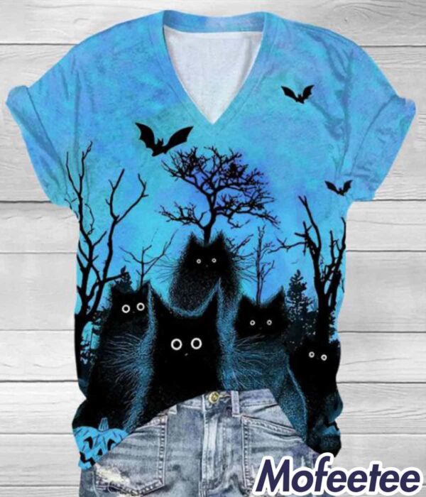 Halloween Black Cat Print V Neck Shirt