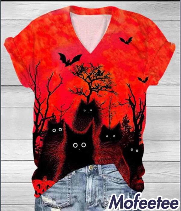 Halloween Black Cat Print V Neck Shirt