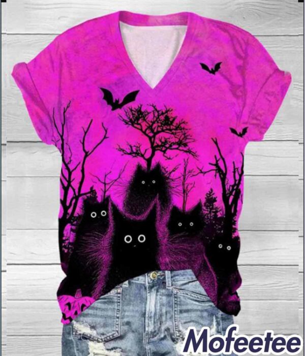 Halloween Black Cat Print V Neck Shirt