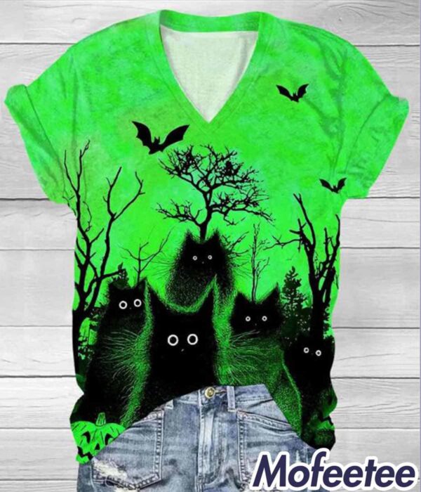 Halloween Black Cat Print V Neck Shirt