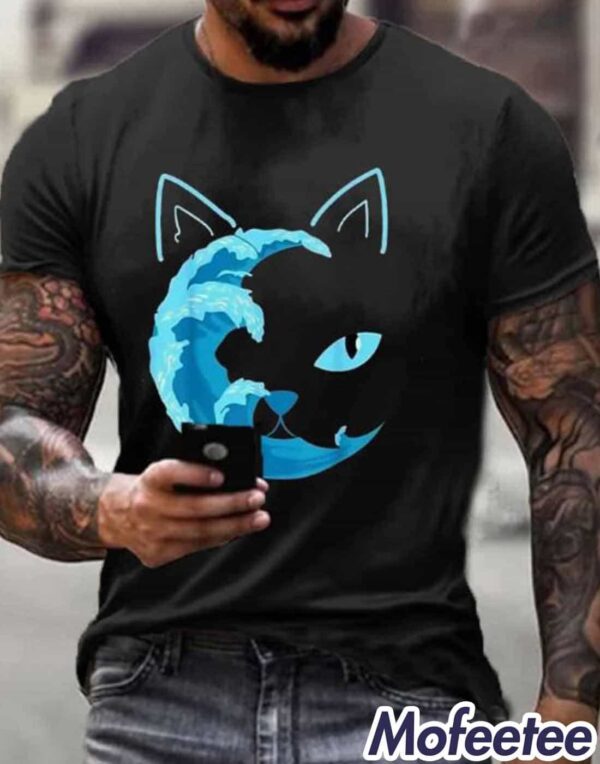 Men’s Blue Wave&Cat Printed T-Shirt