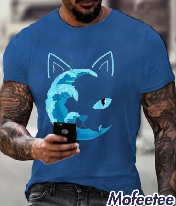 Men’s Blue Wave&Cat Printed T-Shirt