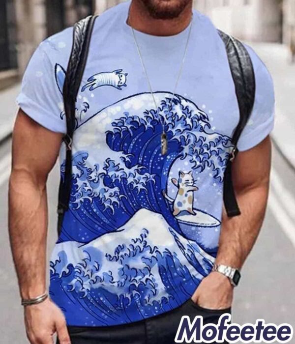 Men’s Blue Waves Cat Printed Shirt