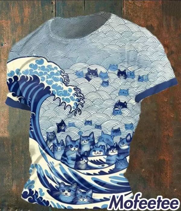 Men’s Japanese Art Waves Blue Cat Printed Shirt