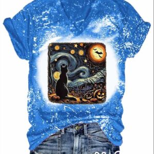 Retro Halloween Van Gogh Starry Night Cat Pumpkins Print Shirt 1 1