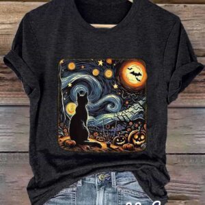 Retro Halloween Van Gogh Starry Night Cat Pumpkins Print Shirt 1