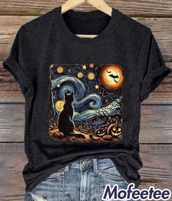 Retro Halloween Van Gogh Starry Night Cat Pumpkins Print Shirt