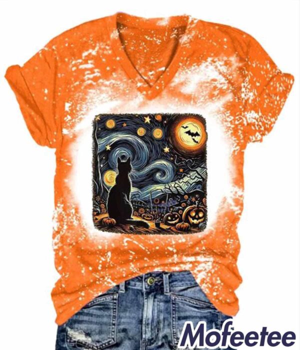 Retro Halloween Van Gogh Starry Night Cat Pumpkins V neck Print Shirt