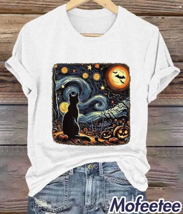 Retro Halloween Van Gogh Starry Night Cat Pumpkins Print Shirt