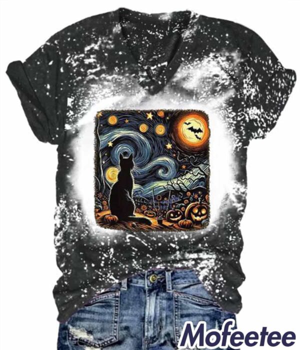 Retro Halloween Van Gogh Starry Night Cat Pumpkins V neck Print Shirt