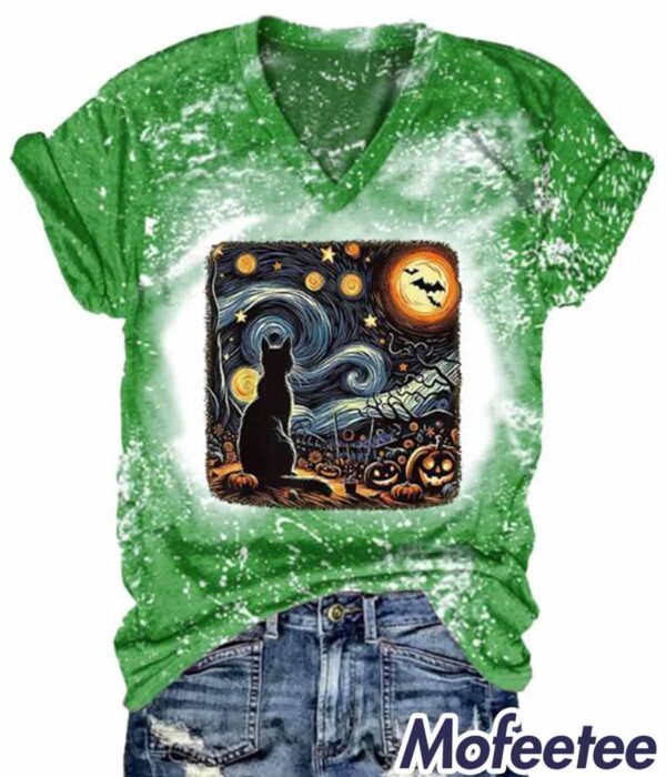 Retro Halloween Van Gogh Starry Night Cat Pumpkins V neck Print Shirt