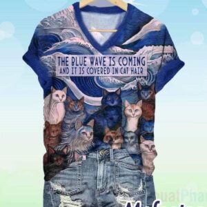 The Blue Wave Is Coming And It Is Covered In Cat Hair Print V Neck Shirt 1