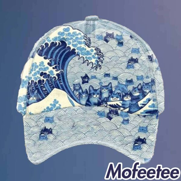 Unisex Blue Waves & Cats Print Hat