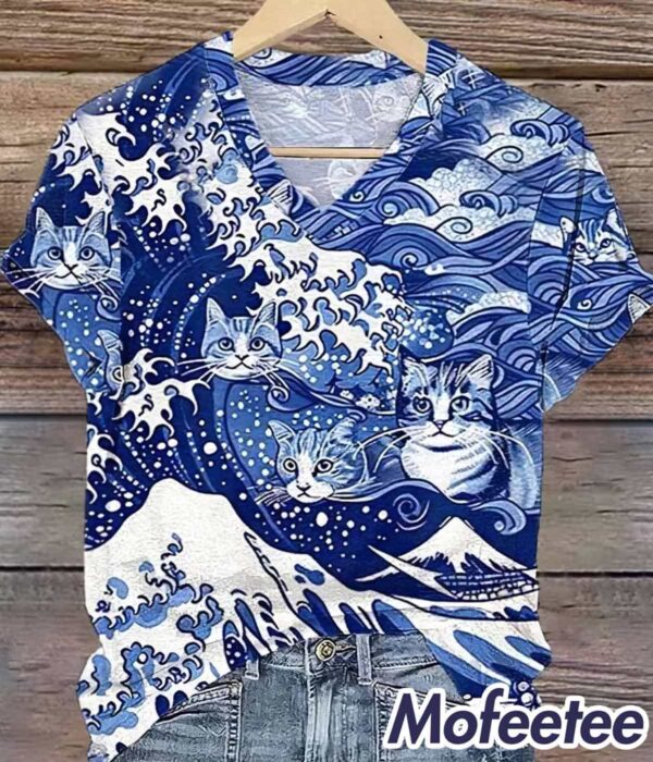 Women’s Blue Wave Cats Print V-Neck Shirt