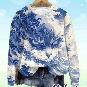 Women's Blue Waves and Cats Printed Sweatshirt 1