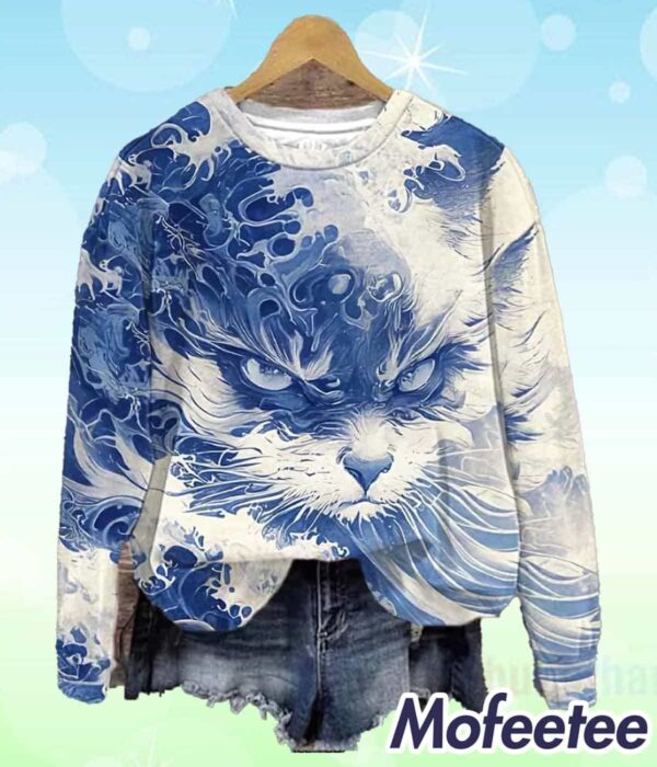 Women’s Blue Waves and Cats Printed Sweatshirt