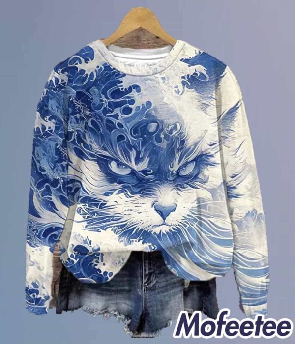 Women’s Blue Waves and Cats Printed Sweatshirt