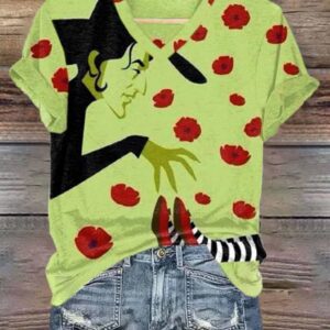 WomenS Halloween Printed Crew V Neck Shirt 1