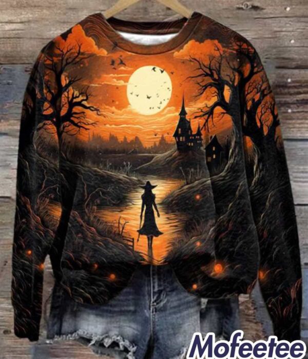 Women’S Witch on Forest Path Printed Sweatshirt