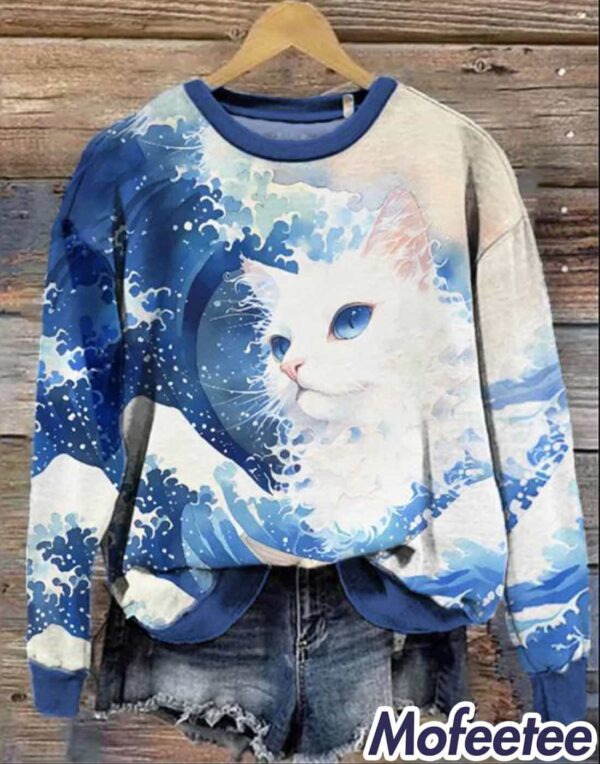 Women’s Blue Wave Cat Print Casual Sweatshirt